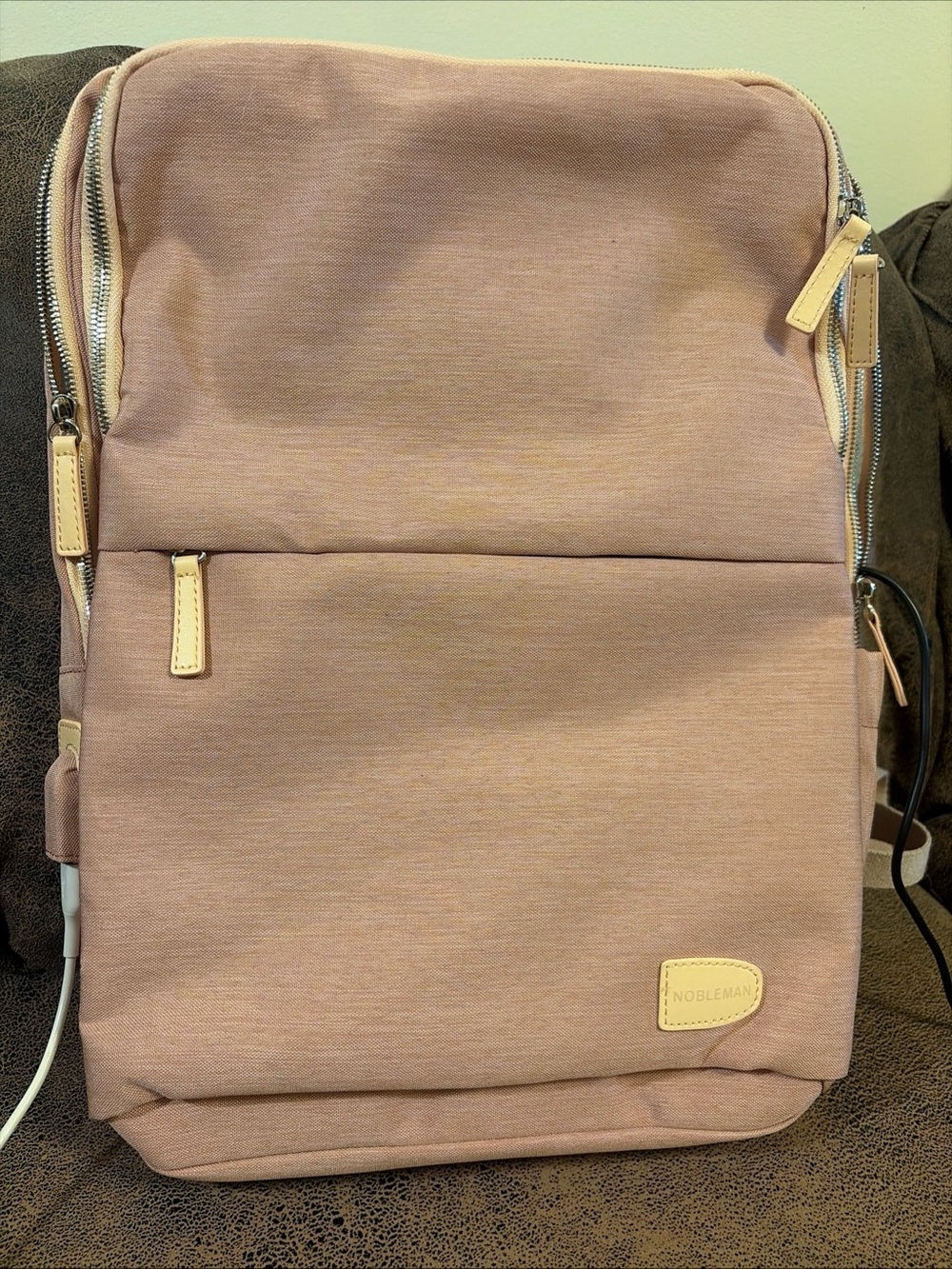 NOBLEMAN Backpack for women and man,Waterproof travel work Beige -pink Plus  USB